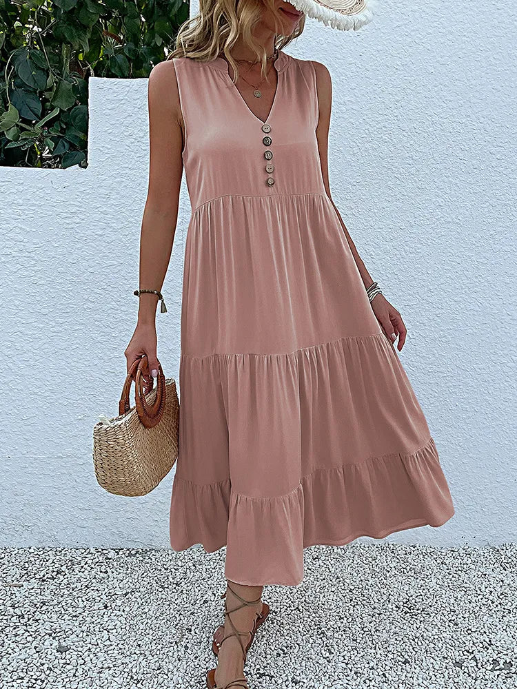 Sleeveless Button Front Tiered Casual Maxi Dresses