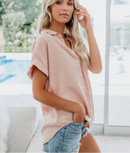 Oversized Short Sleeve Pocket Button Down Casual Blouse
