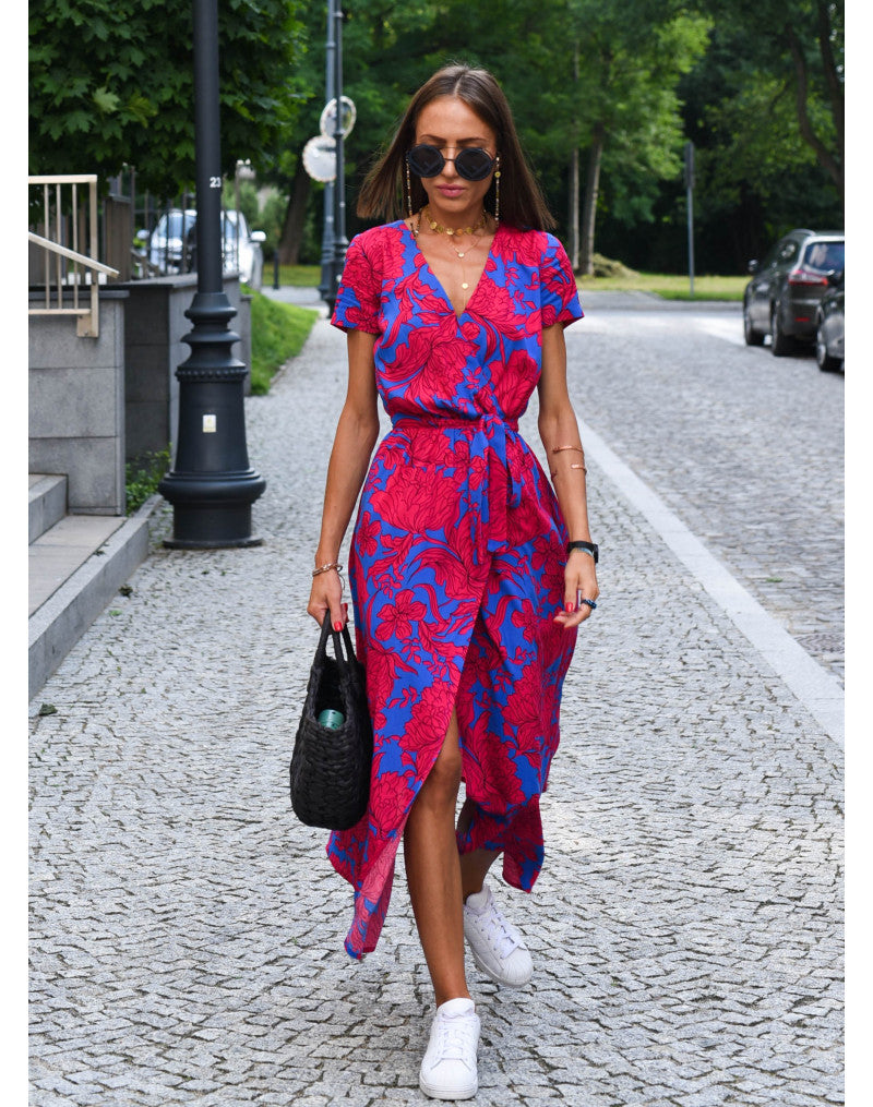 Floral Wrap Tie Waist Short Sleeve Asymmetric Midi Dress