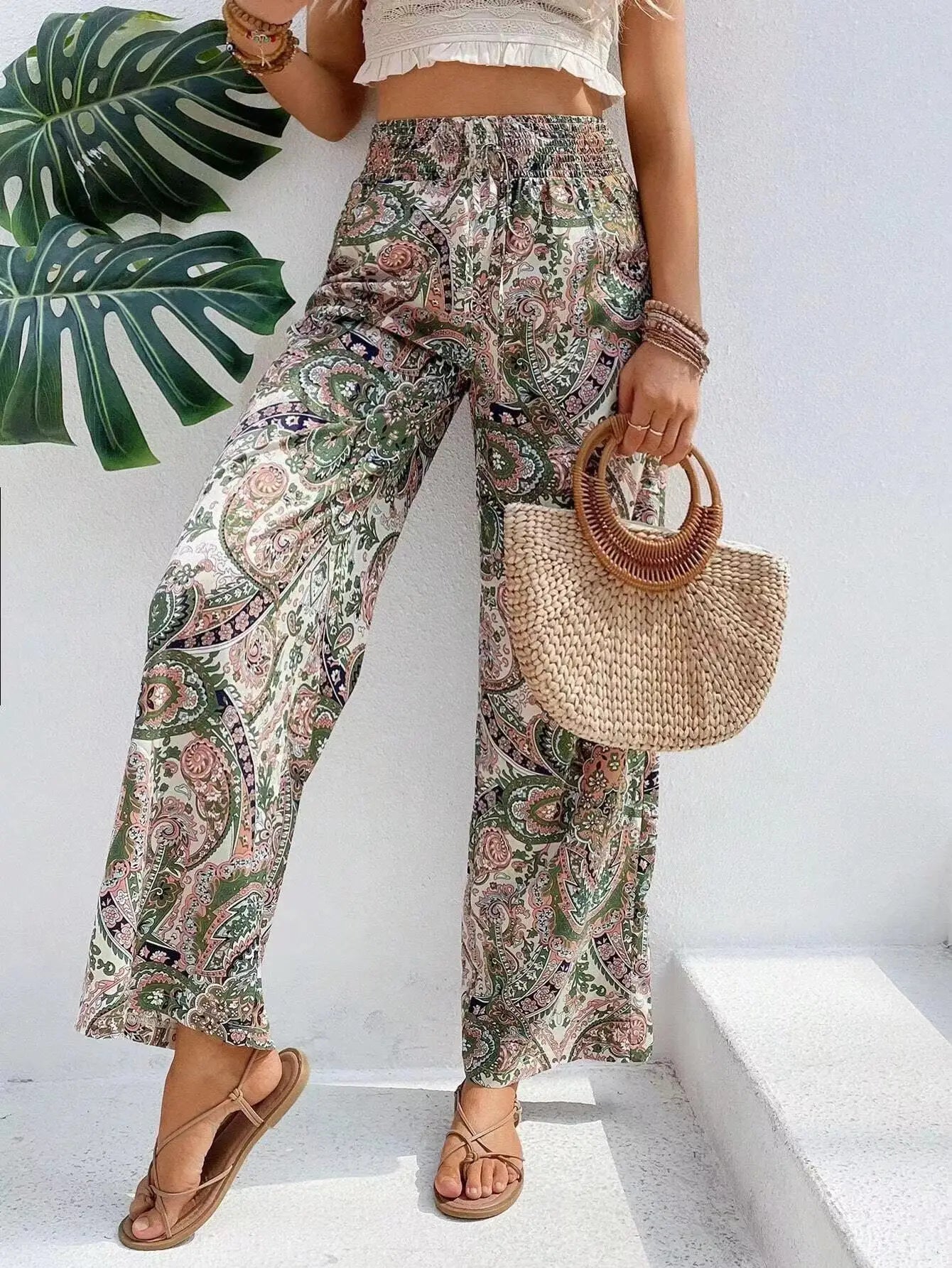 Paisley Print Smocked Waist Drawstring Wide Leg Boho Pant