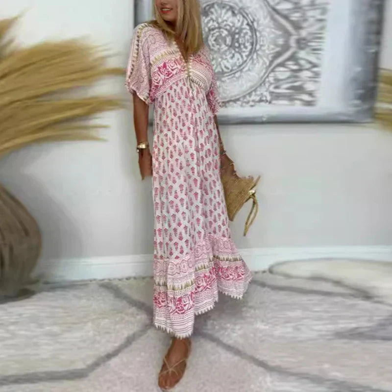 Floral Paisley V Neck Short Sleeve Tassel Trim Boho Maxi Dress