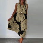 Floral Outline Print Sleeveless Gathered Casual Maxi Dress