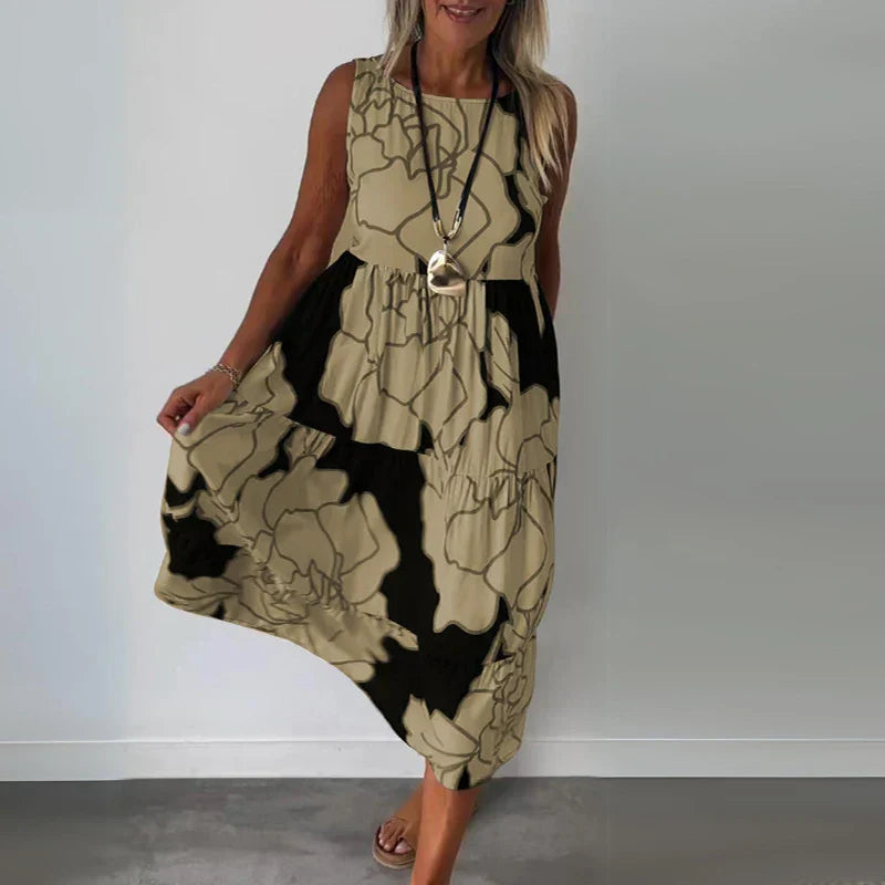 Floral Outline Print Sleeveless Gathered Casual Maxi Dress