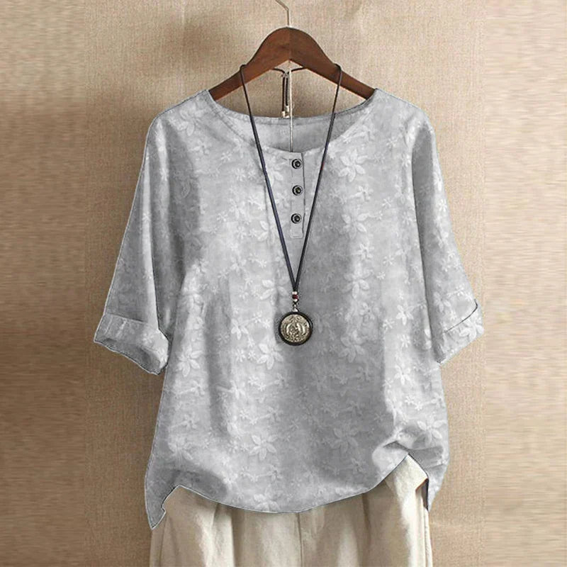 Vintage Floral Print Button Henley Relaxed Linen Blouse