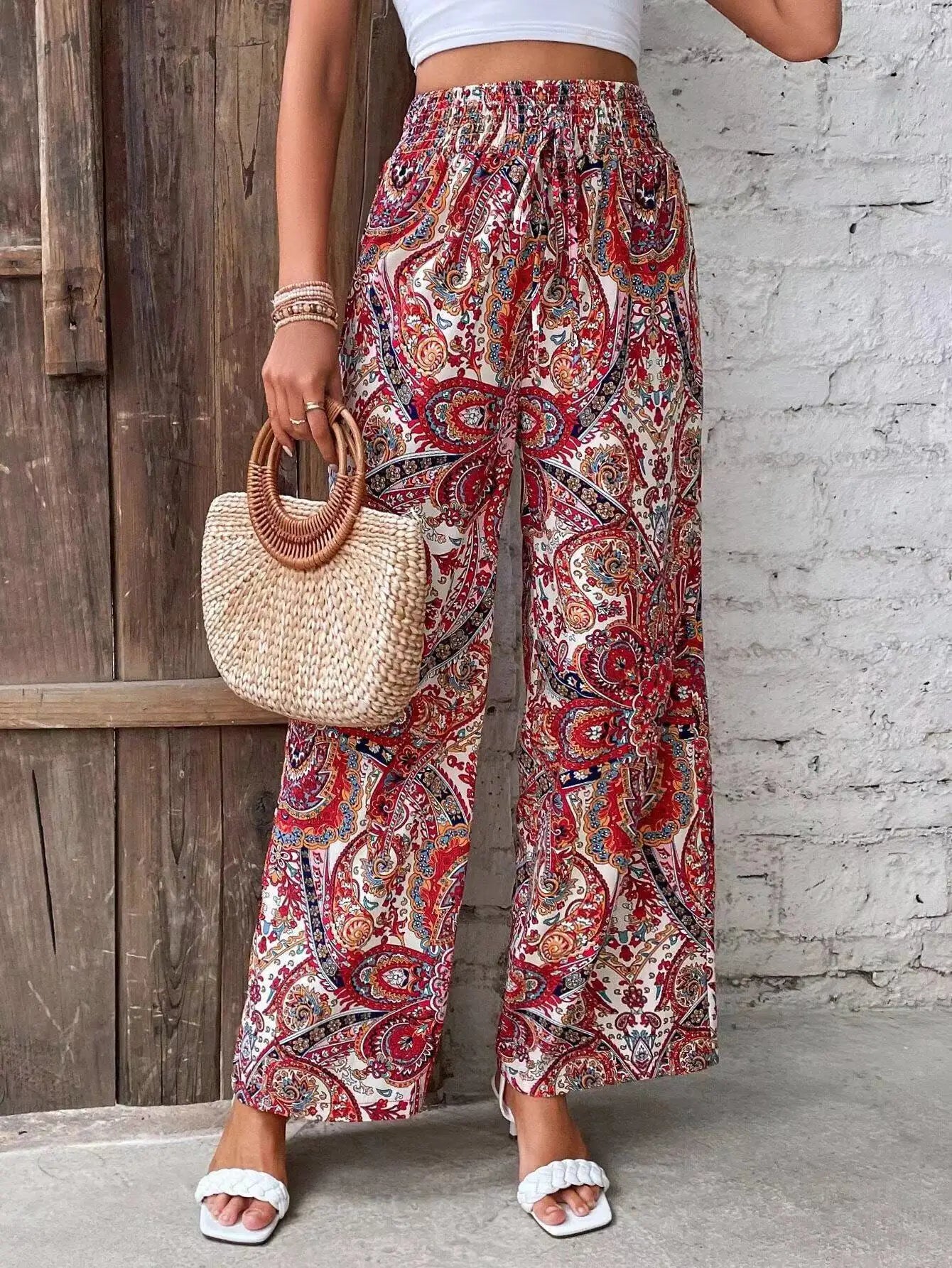Paisley Print Smocked Waist Drawstring Wide Leg Boho Pant