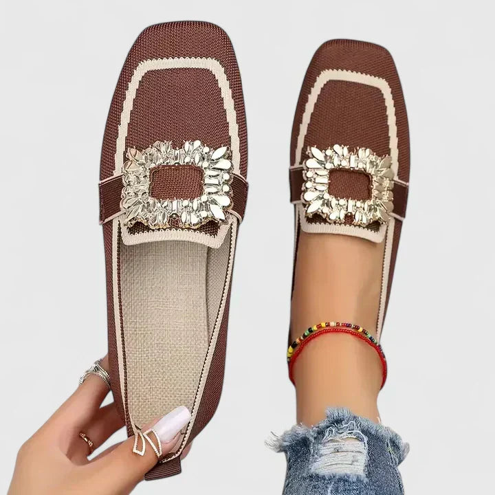 Jewelled Buckle Square Toe Contrast Trim Knit Loafer