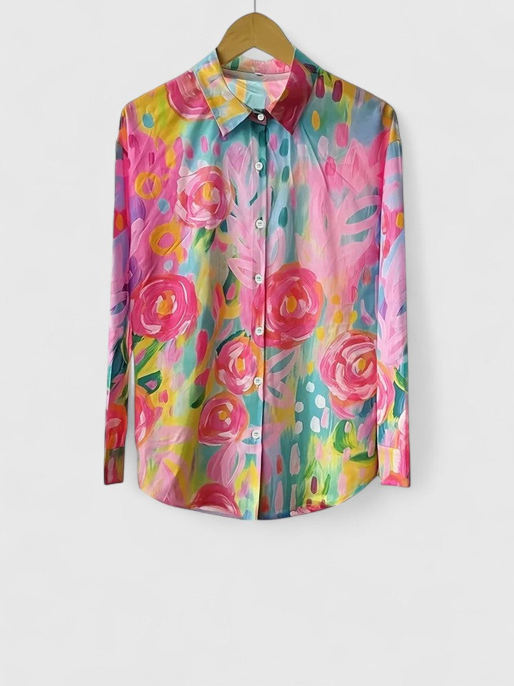 Floral Abstract Print Button Down Long Sleeve Blouse