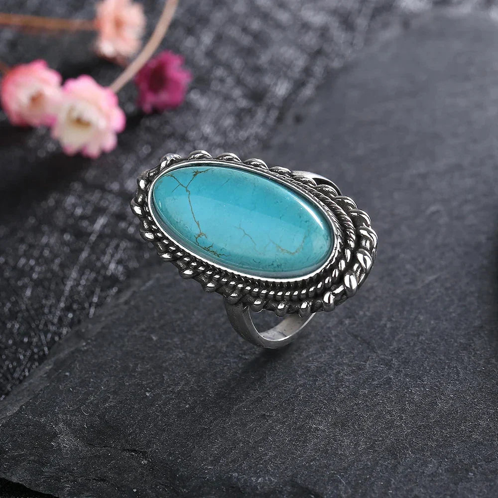 Oval Turquoise Rope Edge Oxidised Silver Boho Statement Ring