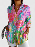 Floral Abstract Print Button Down Long Sleeve Blouse