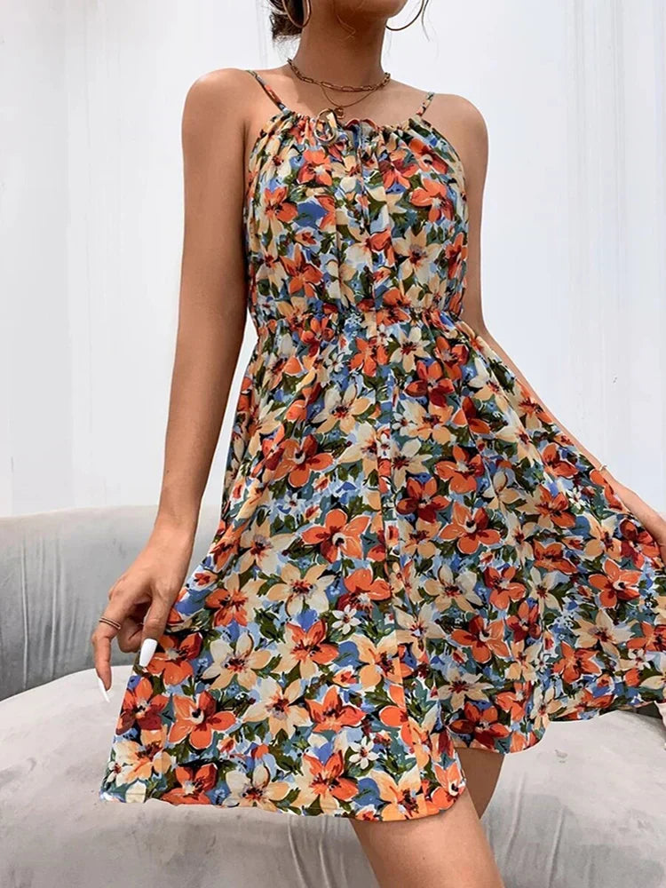 Floral Halter Neck Elasticated Waist A Line Sundress