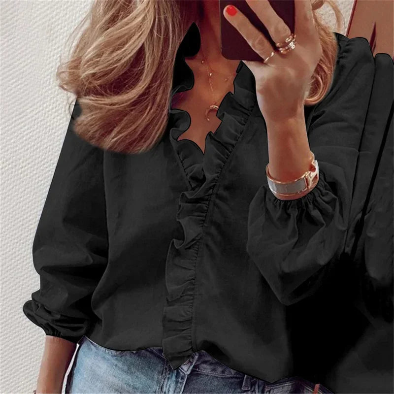 Ruffle Trim V Neck Long Sleeve Elegant Cotton Blouse