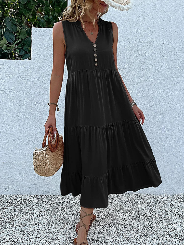 Sleeveless Button Front Tiered Casual Maxi Dresses