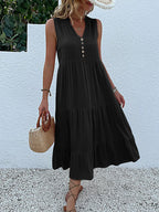 Sleeveless Button Front Tiered Casual Maxi Dresses