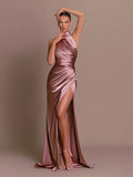 Satin Halter Neck Ruched Waist High Split Bodycon Maxi Dress - Formal Evening Gown