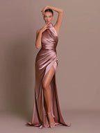 Satin Halter Neck Ruched Waist High Split Bodycon Maxi Dress - Formal Evening Gown