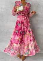 Abstract Floral Wrap V Neck Tie Waist Tiered Flowy Maxi Dress