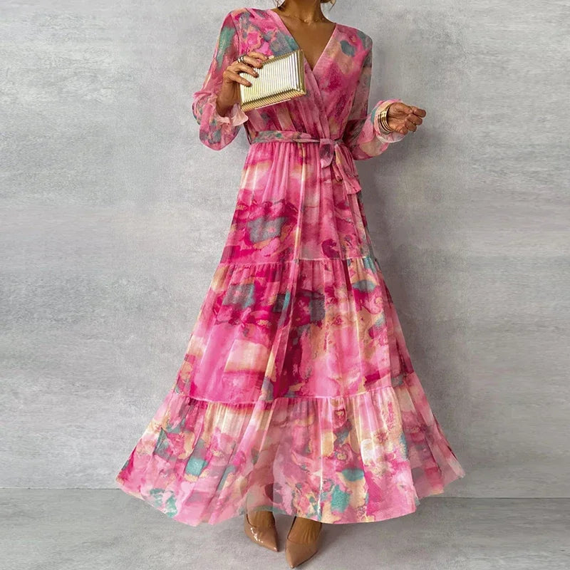 Abstract Floral Wrap V Neck Tie Waist Tiered Flowy Maxi Dress