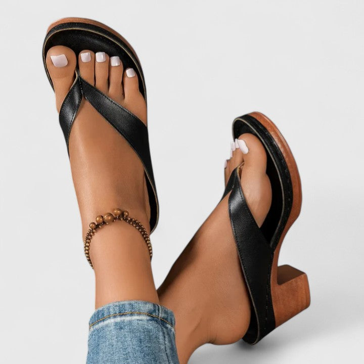 Leather Toe Loop Slip On Wooden Block Heel Sandal