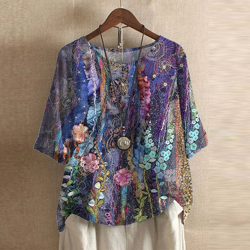Vintage Floral Print Button Henley Relaxed Linen Blouse