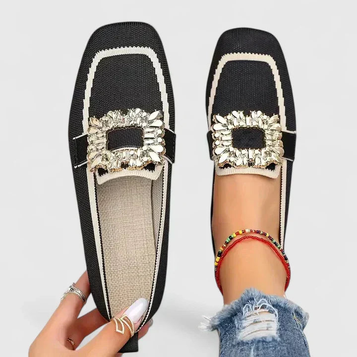 Jewelled Buckle Square Toe Contrast Trim Knit Loafer