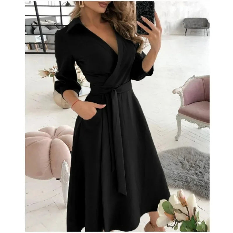Collared V Neck Long Sleeve Tie Waist Pocket Flared Midi Dress