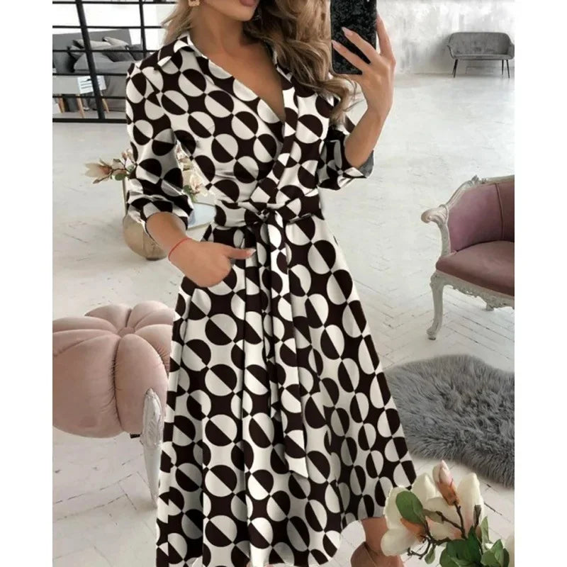 Collared V Neck Long Sleeve Tie Waist Pocket Flared Midi Dress