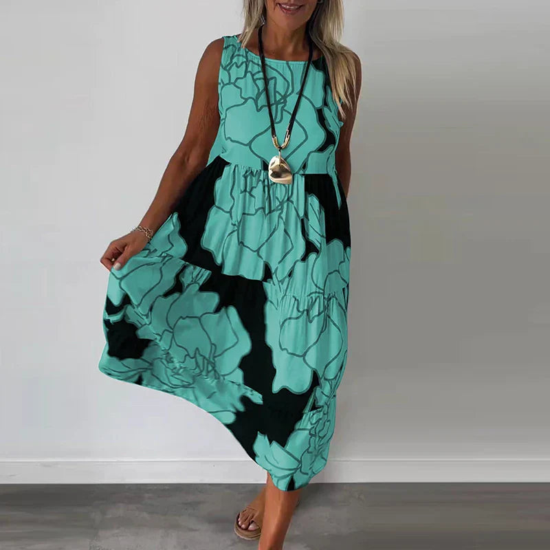 Floral Outline Print Sleeveless Gathered Casual Maxi Dress