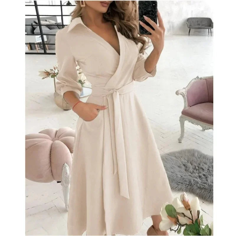 Collared V Neck Long Sleeve Tie Waist Pocket Flared Midi Dress