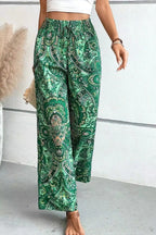 Paisley Print Smocked Waist Drawstring Wide Leg Boho Pant