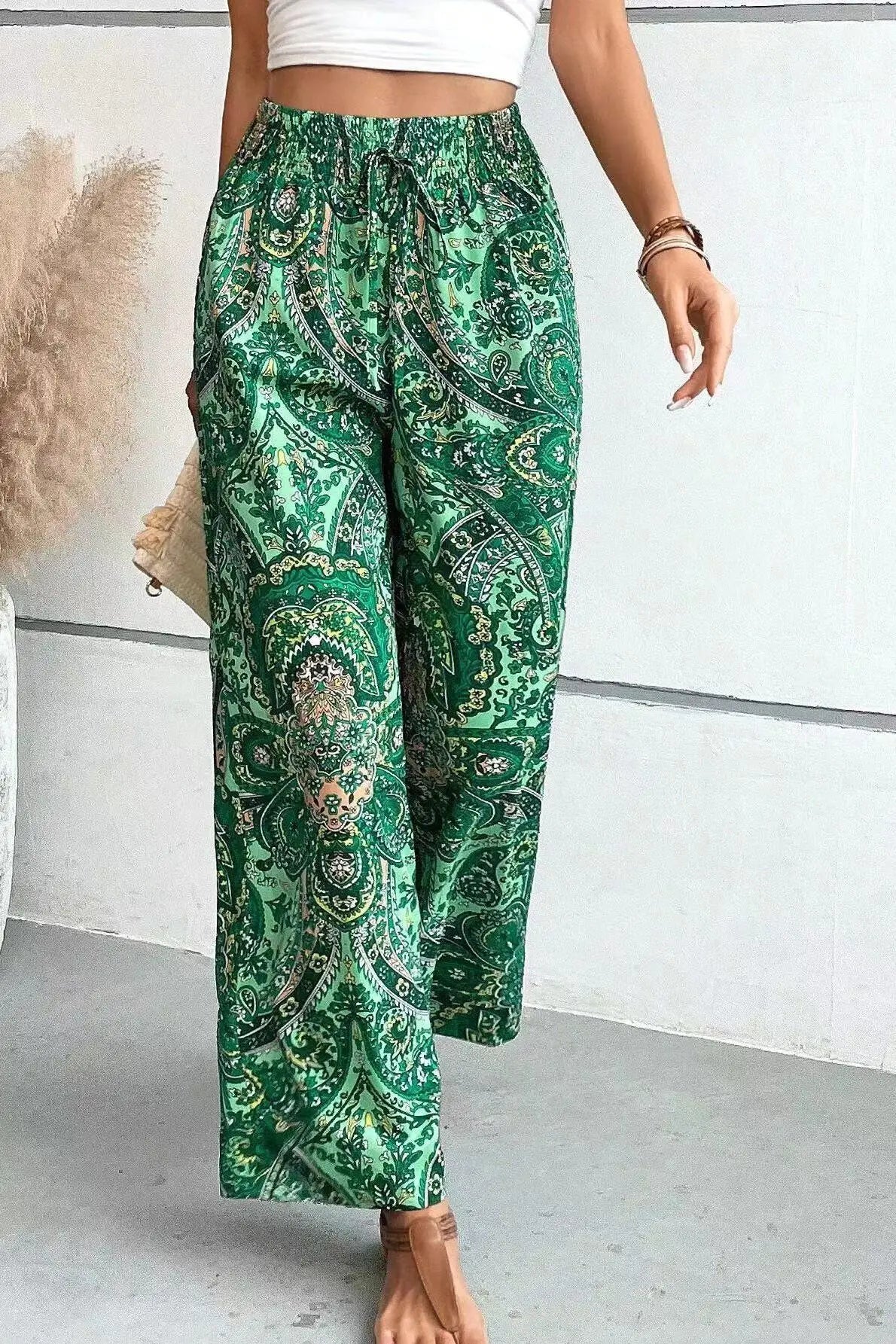 Paisley Print Smocked Waist Drawstring Wide Leg Boho Pant
