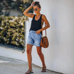 High Waist Distressed Roll Hem Five Pocket Denim Short