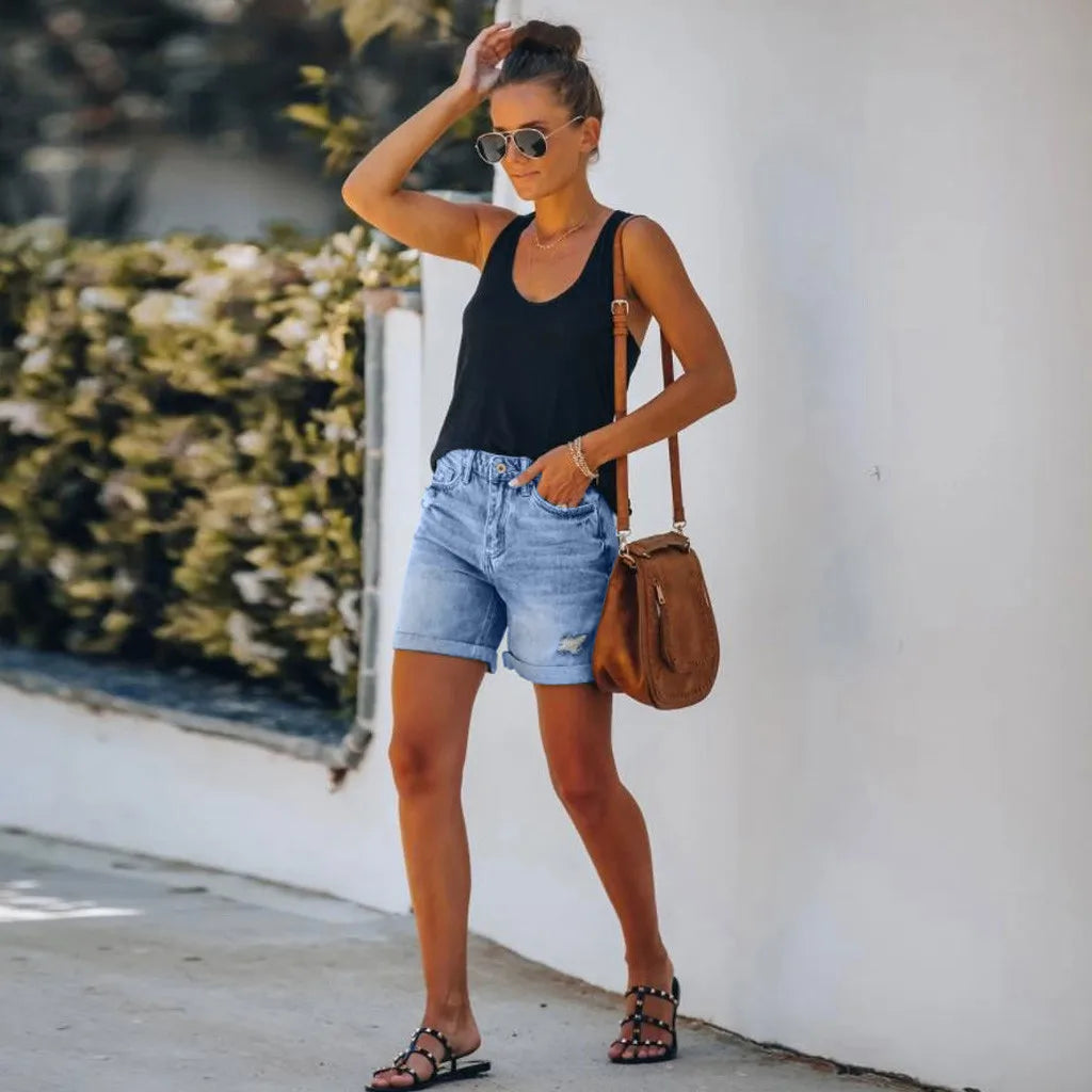 High Waist Distressed Roll Hem Five Pocket Denim Short