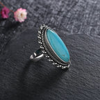 Oval Turquoise Rope Edge Oxidised Silver Boho Statement Ring
