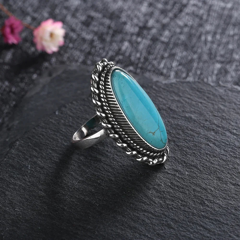 Oval Turquoise Rope Edge Oxidised Silver Boho Statement Ring