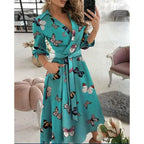 Collared V Neck Long Sleeve Tie Waist Pocket Flared Midi Dress