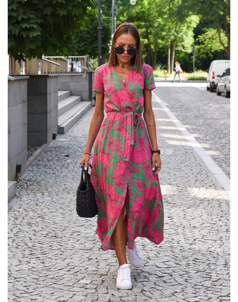 Floral Wrap Tie Waist Short Sleeve Asymmetric Midi Dress