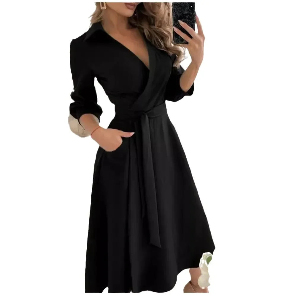 Collared V Neck Long Sleeve Tie Waist Pocket Flared Midi Dress