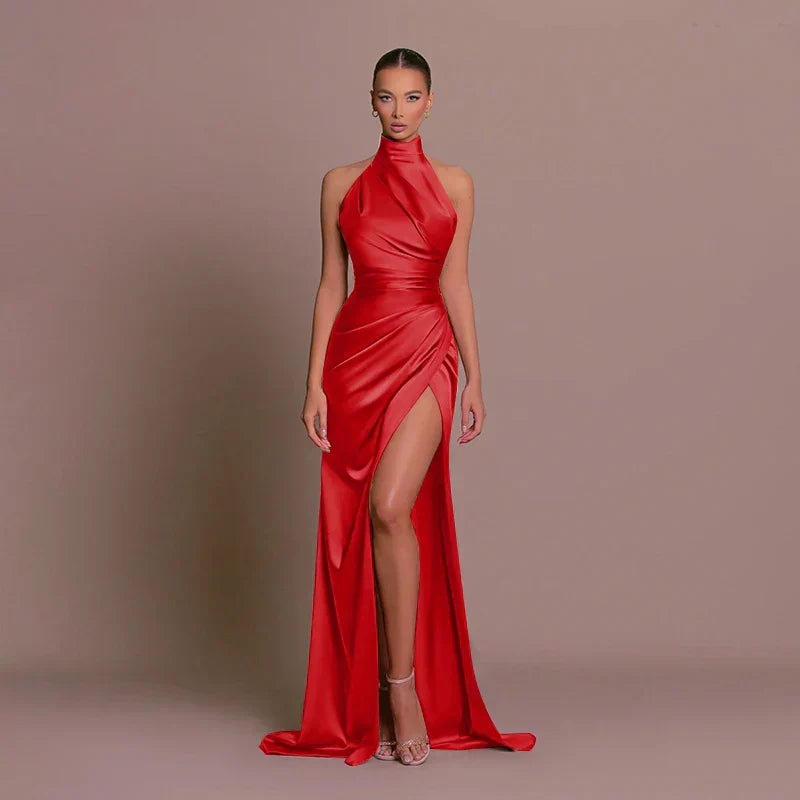 Satin Halter Neck Ruched Waist High Split Bodycon Maxi Dress - Formal Evening Gown