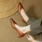 Leather Pointed Toe Slip On Mid Block Heel Court Shoe