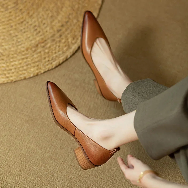 Leather Pointed Toe Slip On Mid Block Heel Court Shoe