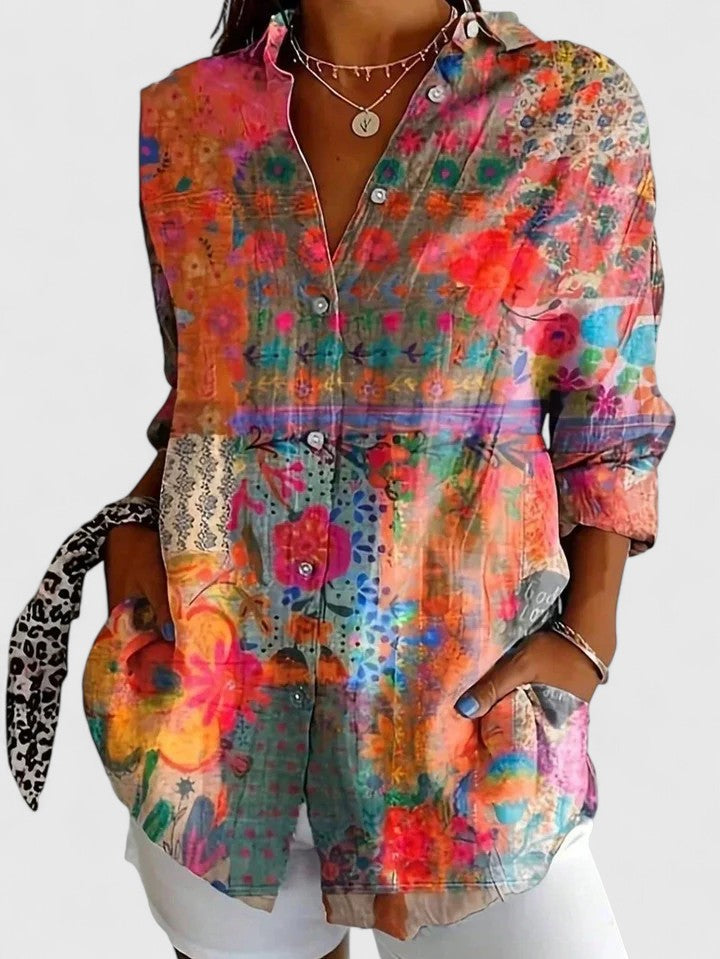 Floral Abstract Print Button Down Long Sleeve Blouse