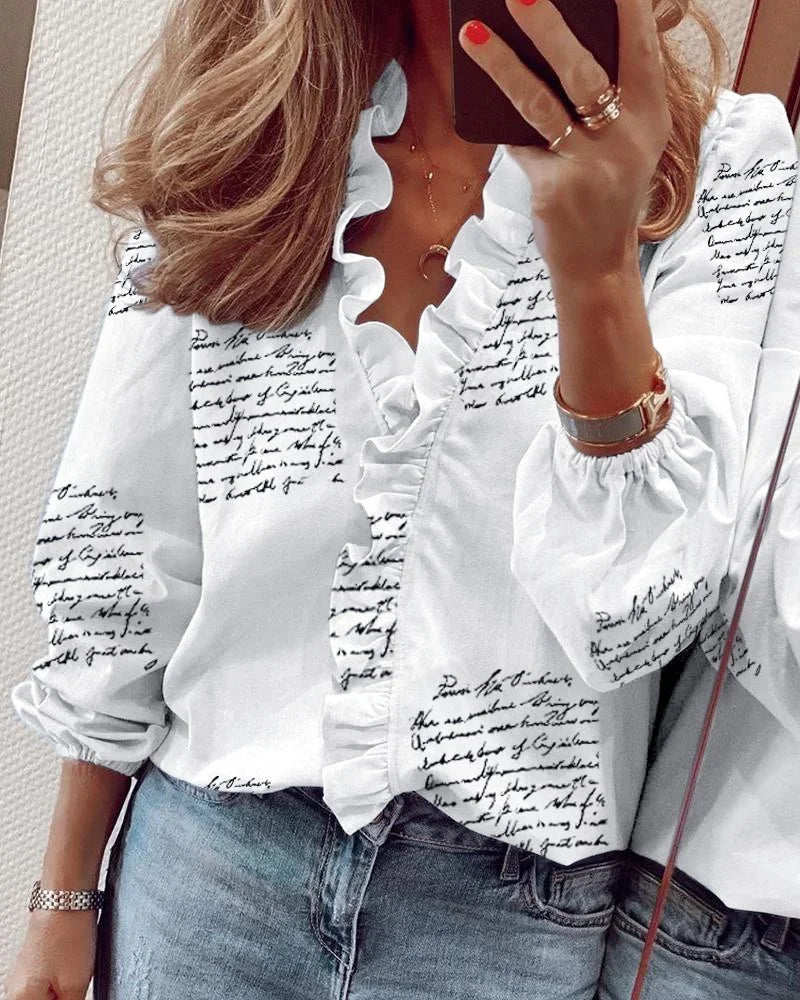 Ruffle Trim V Neck Long Sleeve Elegant Cotton Blouse