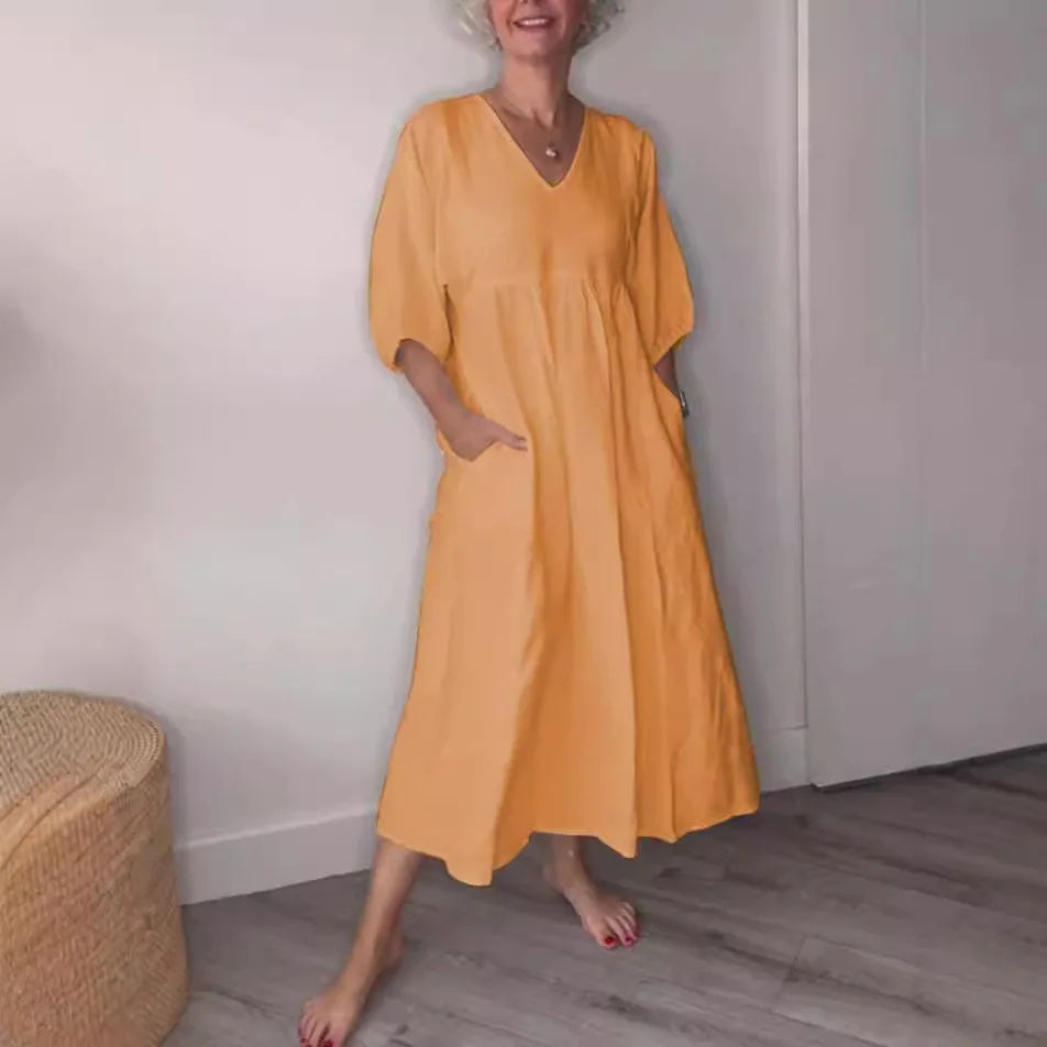 V Neck Puff Sleeve Pocket Relaxed Linen Maxi Dress
