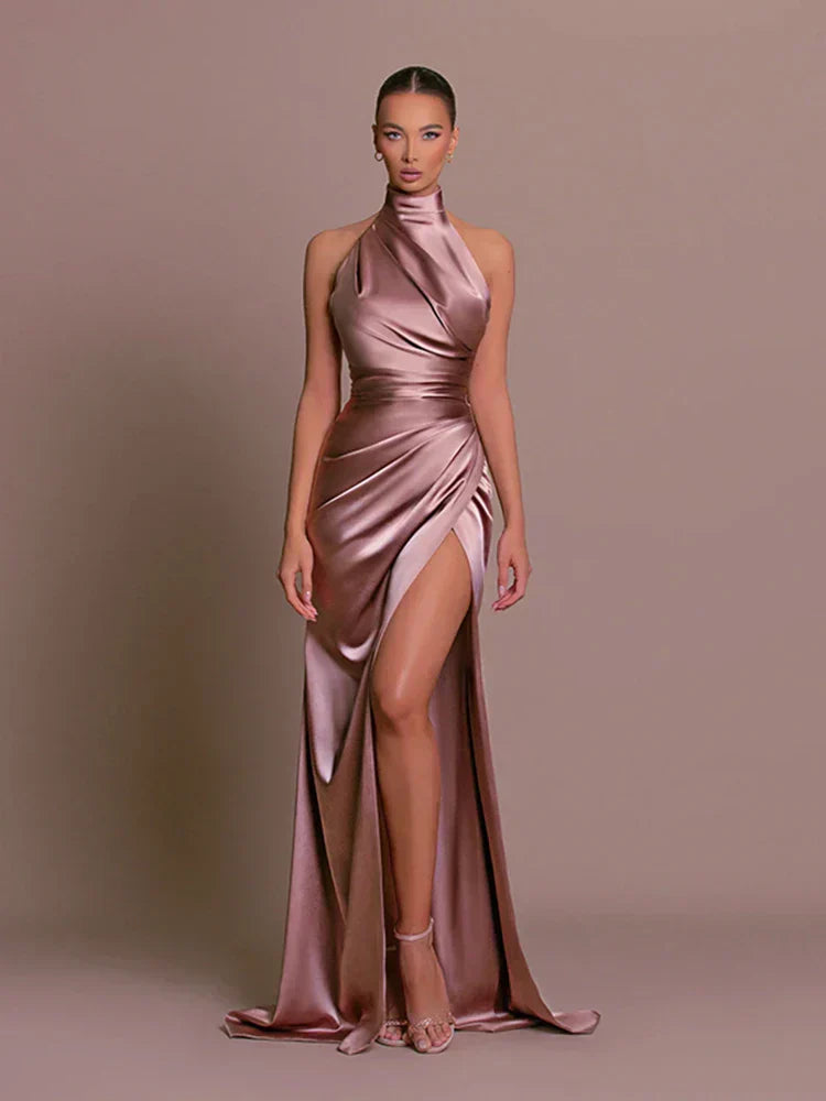 Satin Halter Neck Ruched Waist High Split Bodycon Maxi Dress - Formal Evening Gown