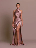 Satin Halter Neck Ruched Waist High Split Bodycon Maxi Dress - Formal Evening Gown