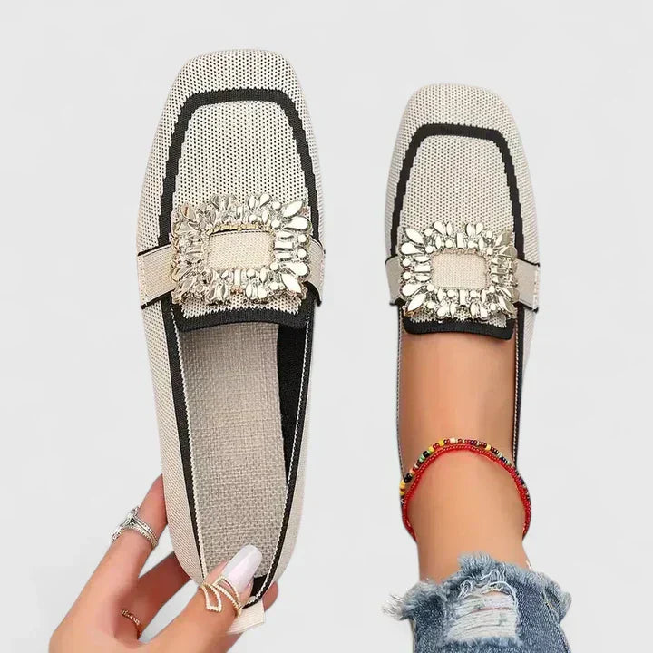 Jewelled Buckle Square Toe Contrast Trim Knit Loafer