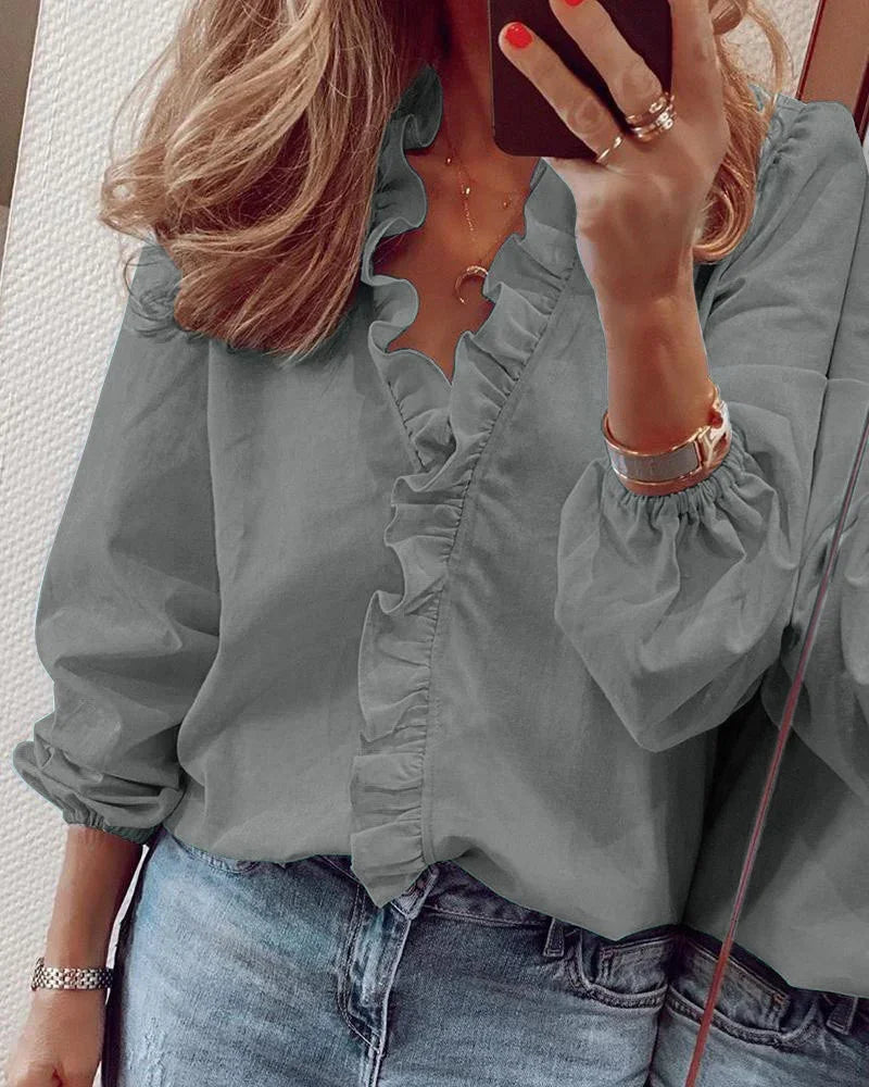 Ruffle Trim V Neck Long Sleeve Elegant Cotton Blouse
