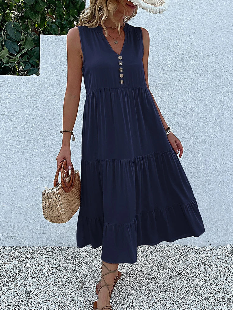 Sleeveless Button Front Tiered Casual Maxi Dresses