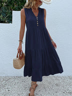 Sleeveless Button Front Tiered Casual Maxi Dresses