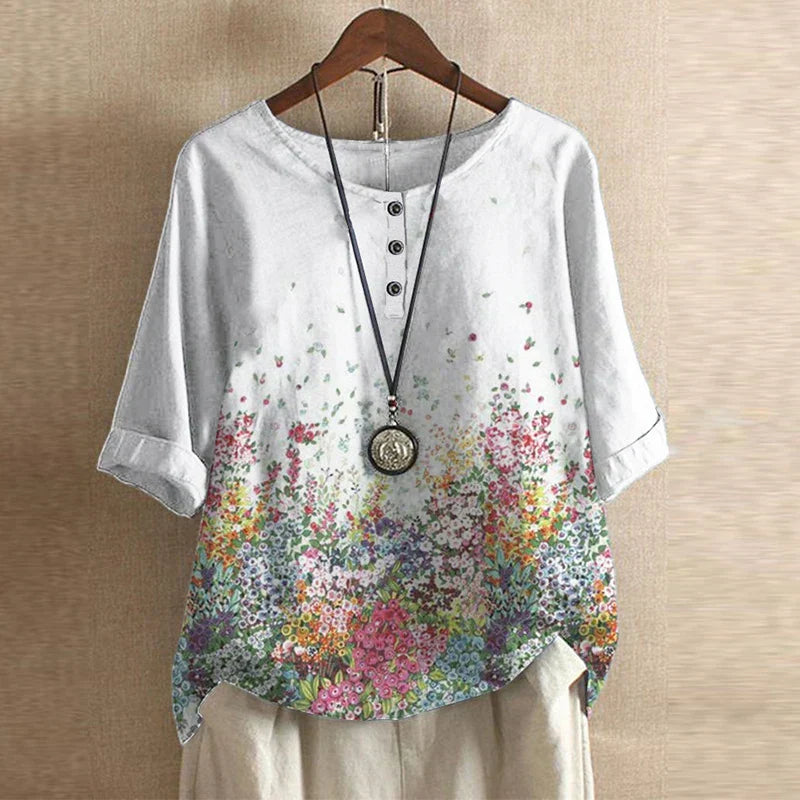 Vintage Floral Print Button Henley Relaxed Linen Blouse